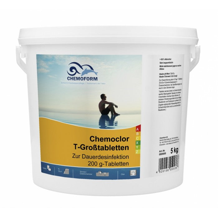 Lėtai tirpstančios 200g chloro tabletės CHEMOFORM CHEMOCLOR T (lėtas chloras), įvairaus dydžio