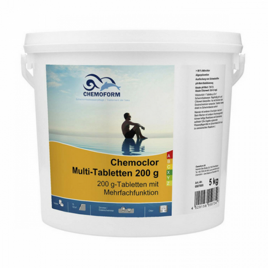 MULTI tabletės 200g (chloras, algicidas, flokuliantas) CHEMOFORM, įvairių dydžių